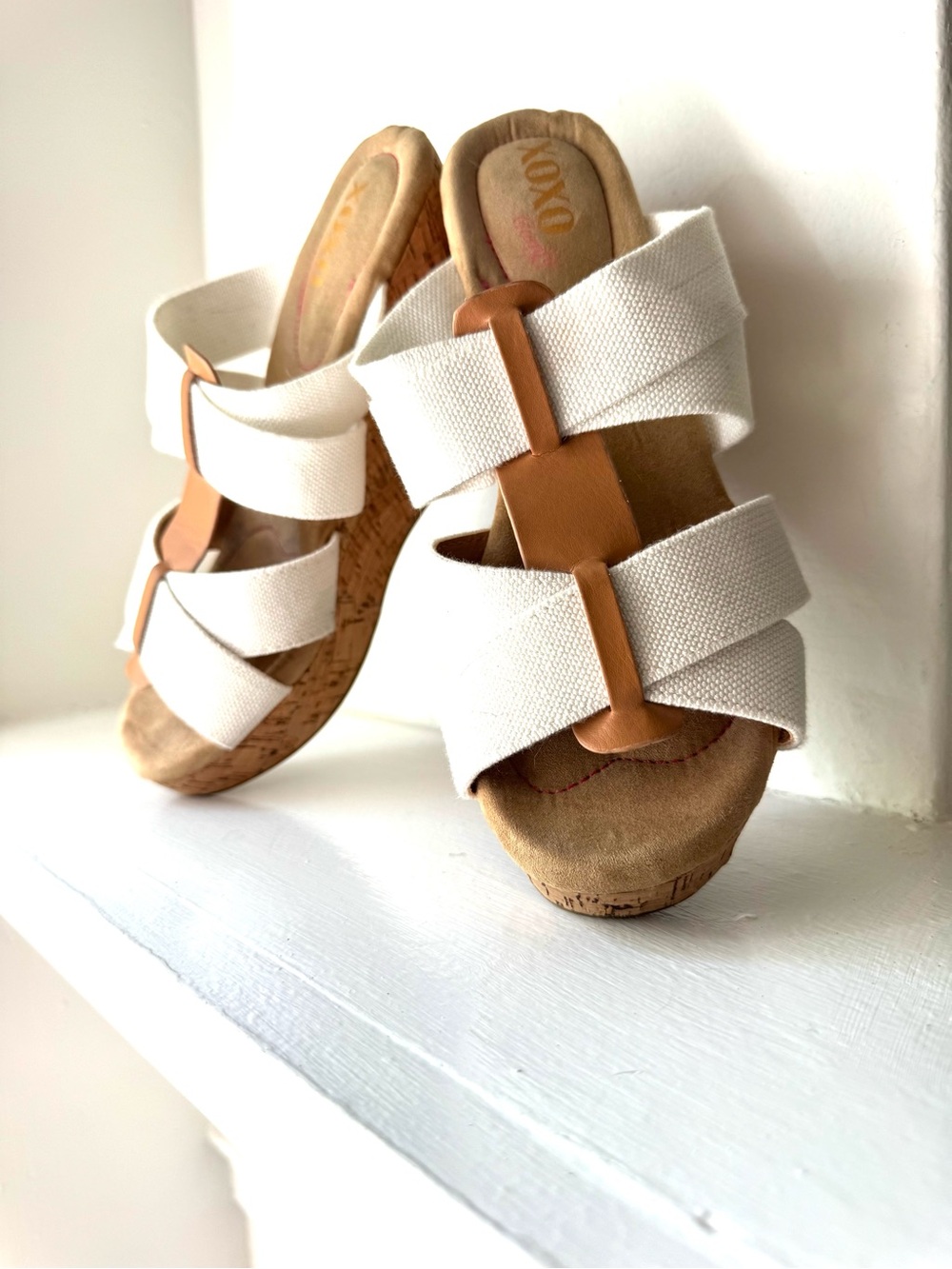 XOXO White Canvas Cork Wedge Sandals with Tan Accents